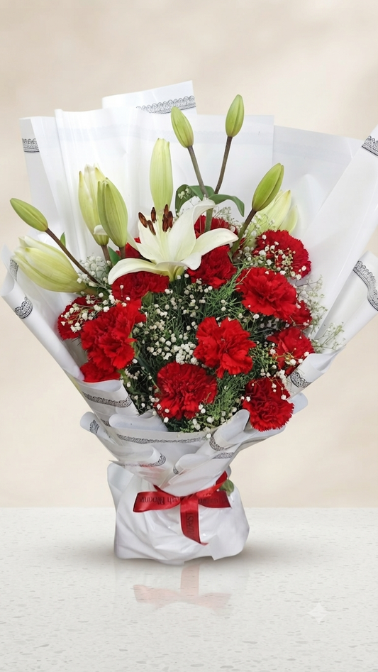 Red carnations & White Lily Bouquet