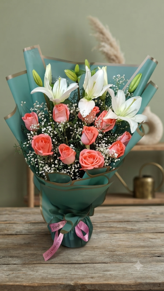 Lily & Pink Roses Bunch